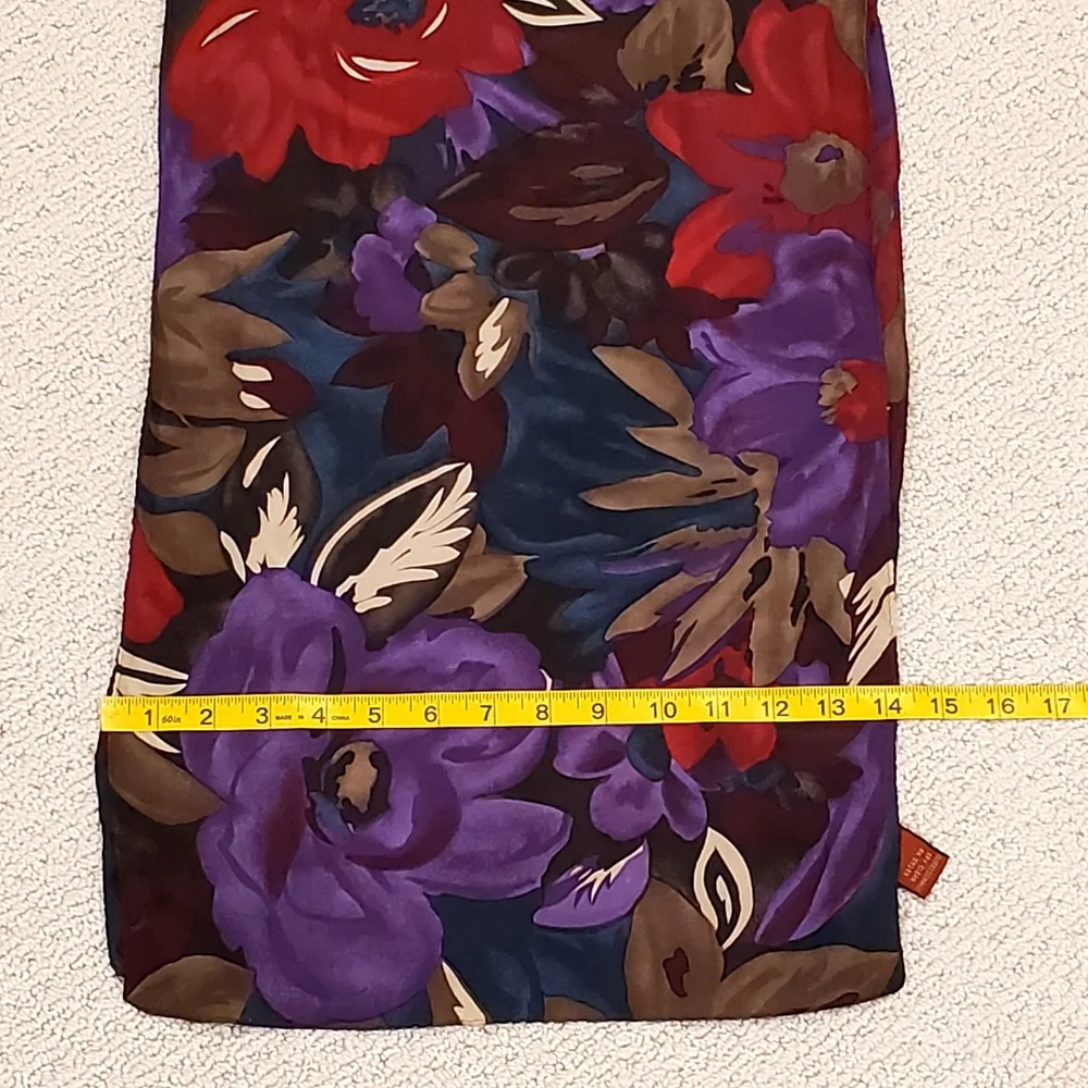 Vintage Axcess 100% Silk Long Floral Scarf, Deep Colors Purple/Teal/Red, EUC